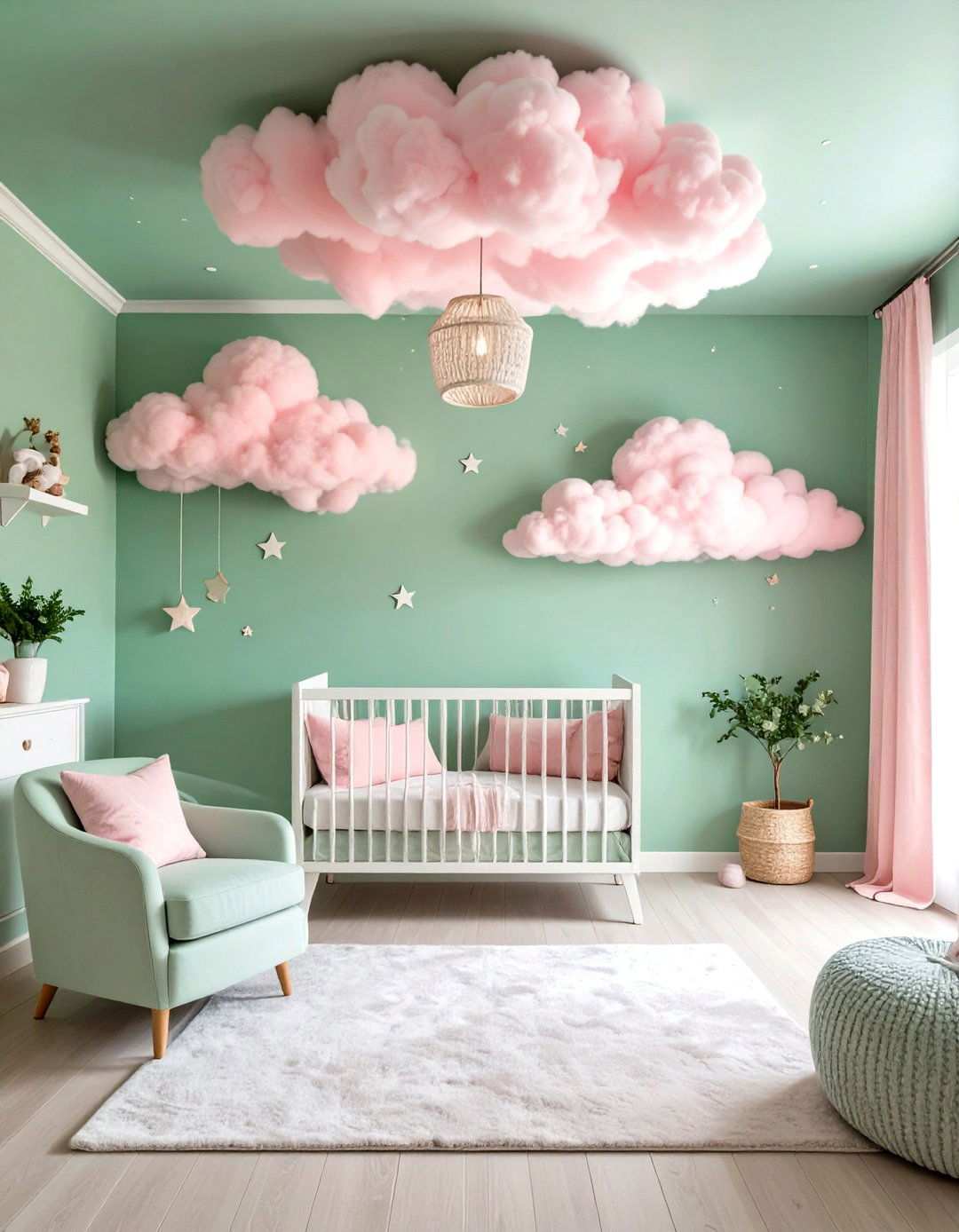 Soft Green Ceiling with Pink Cloud Mural - 24 Pink and Green Nursery Ideas