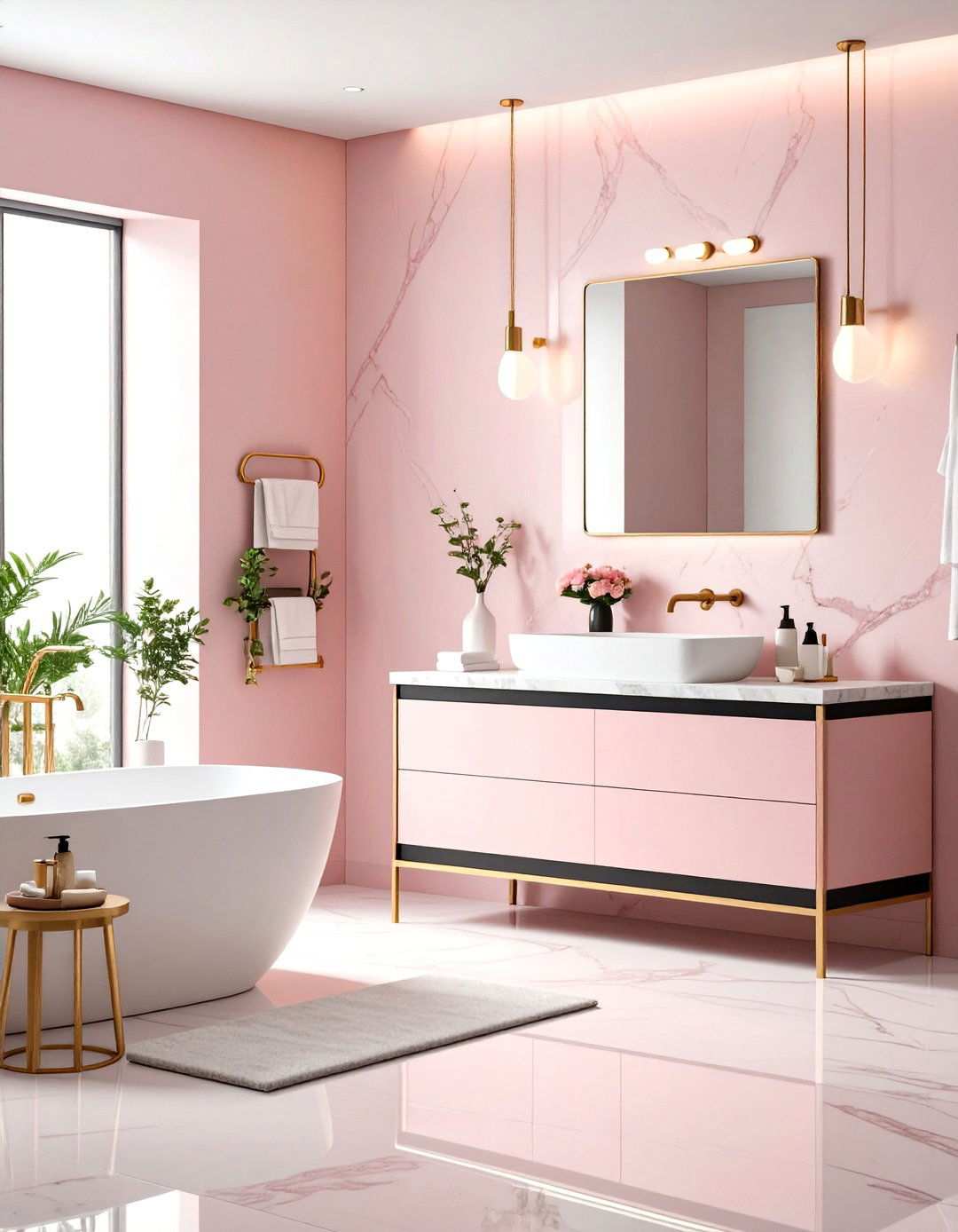 Soft Pink Marble with Black Metal Accents - 24 Pink and Black Bathroom Ideas