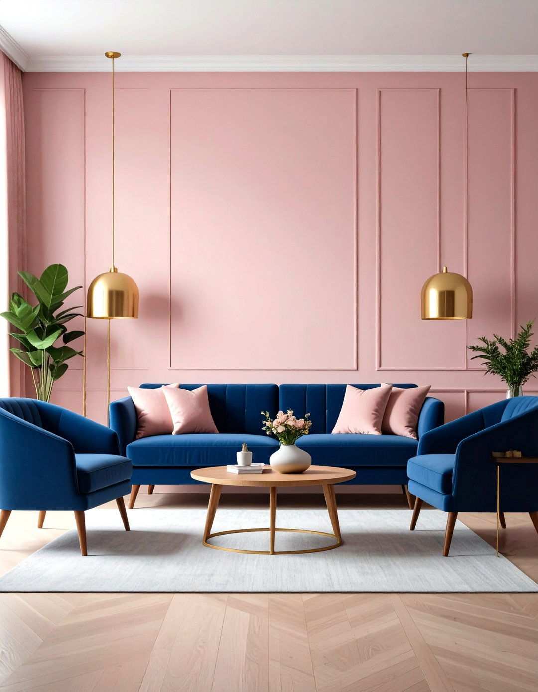 Soft Pink Ombre Walls with Navy Blue Mid Century Modern Furniture - 24 Pink and Blue Living Room Ideas
