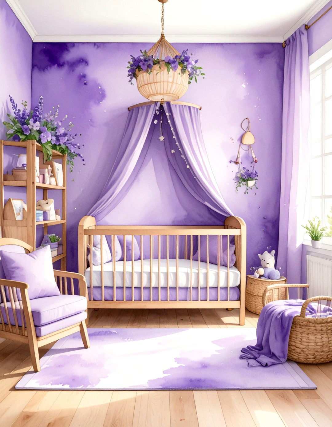 Soft Purple Watercolor Wall Nursery - 24 Purple Nursery Ideas