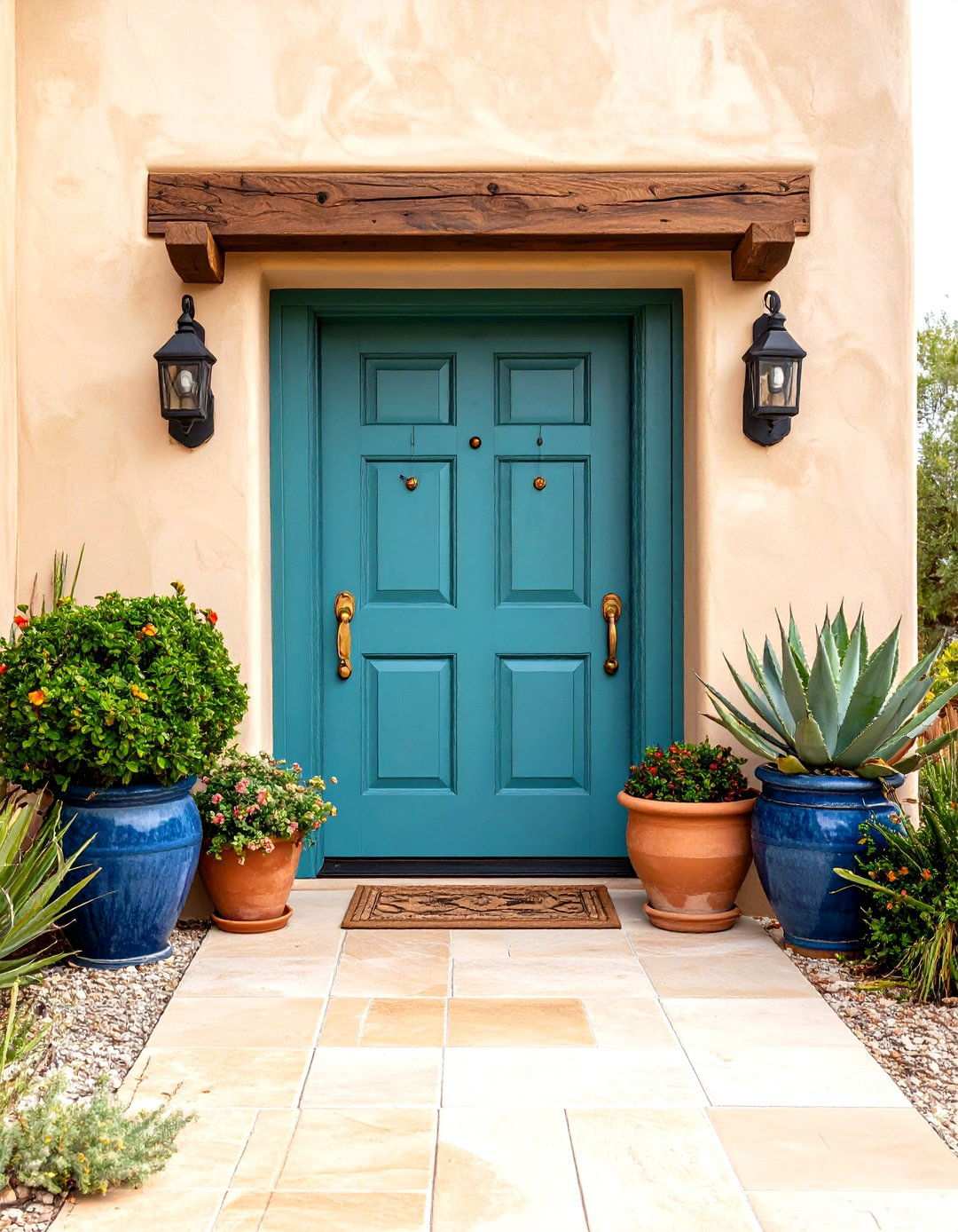Southwestern Turquoise Door with Adobe Elements - 24 Turquoise Front Door Ideas