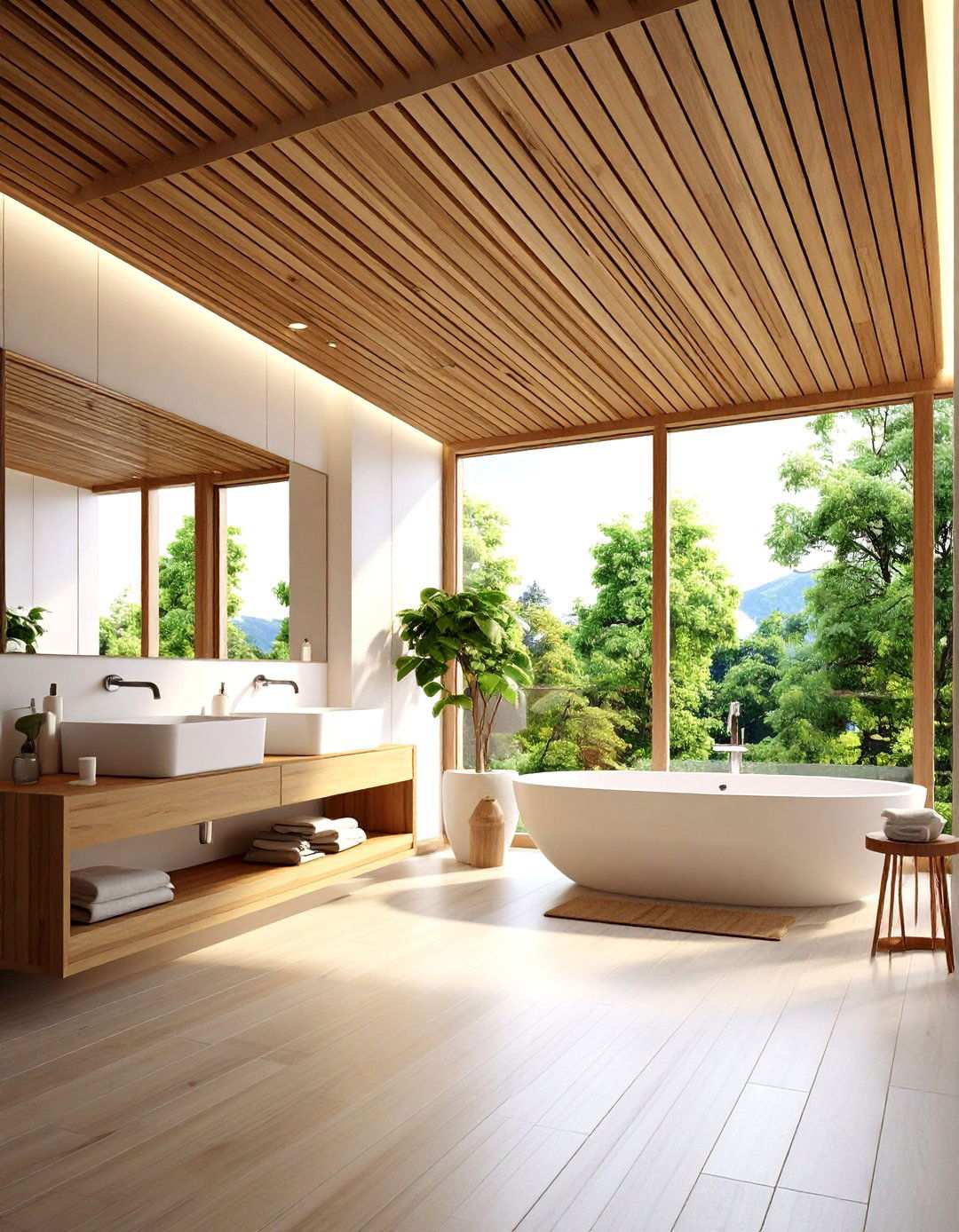 Spa Bathroom Natural Wood Ceiling Elements - 24 Wood Slat Ceiling Ideas