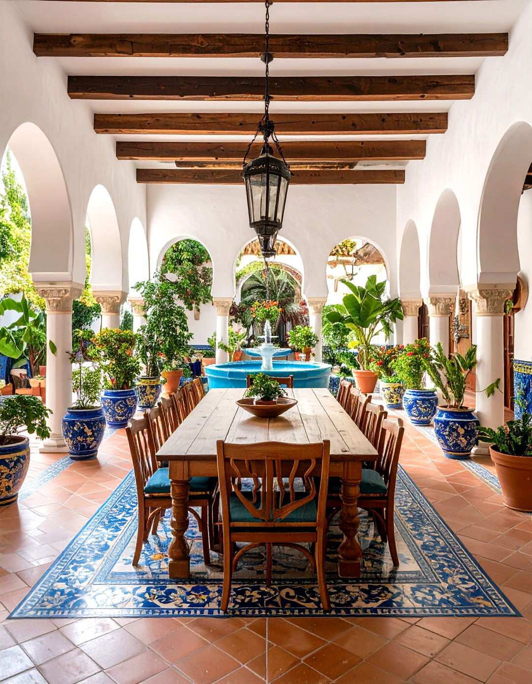 Spanish Courtyard Dining Room with Indoor Plants - 24 spanish interior design ideas