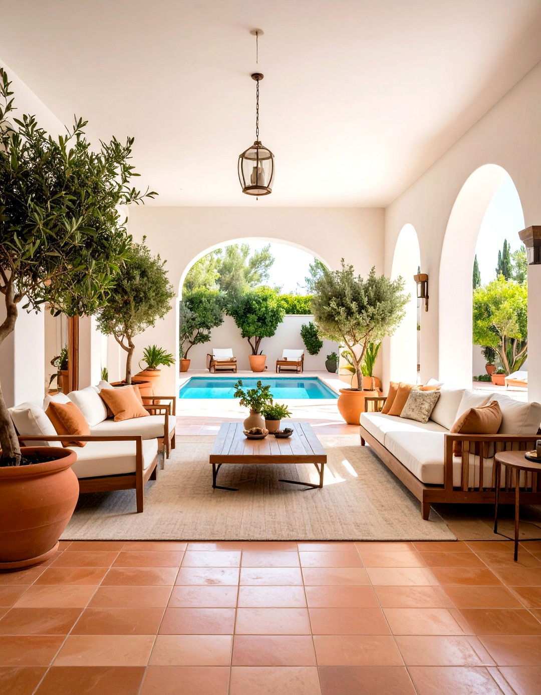 Spanish Courtyard Living Room with Indoor Trees - 24 spanish interior design ideas