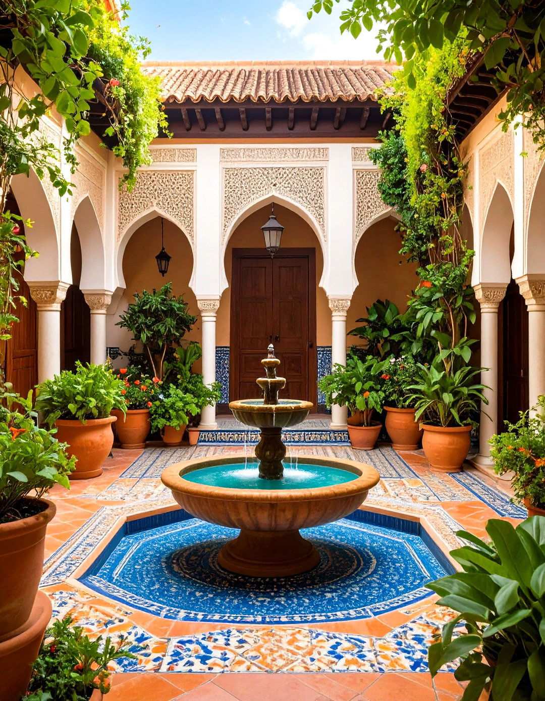 Spanish Courtyard with Central Fountain - 24 Mediterranean Patio Ideas