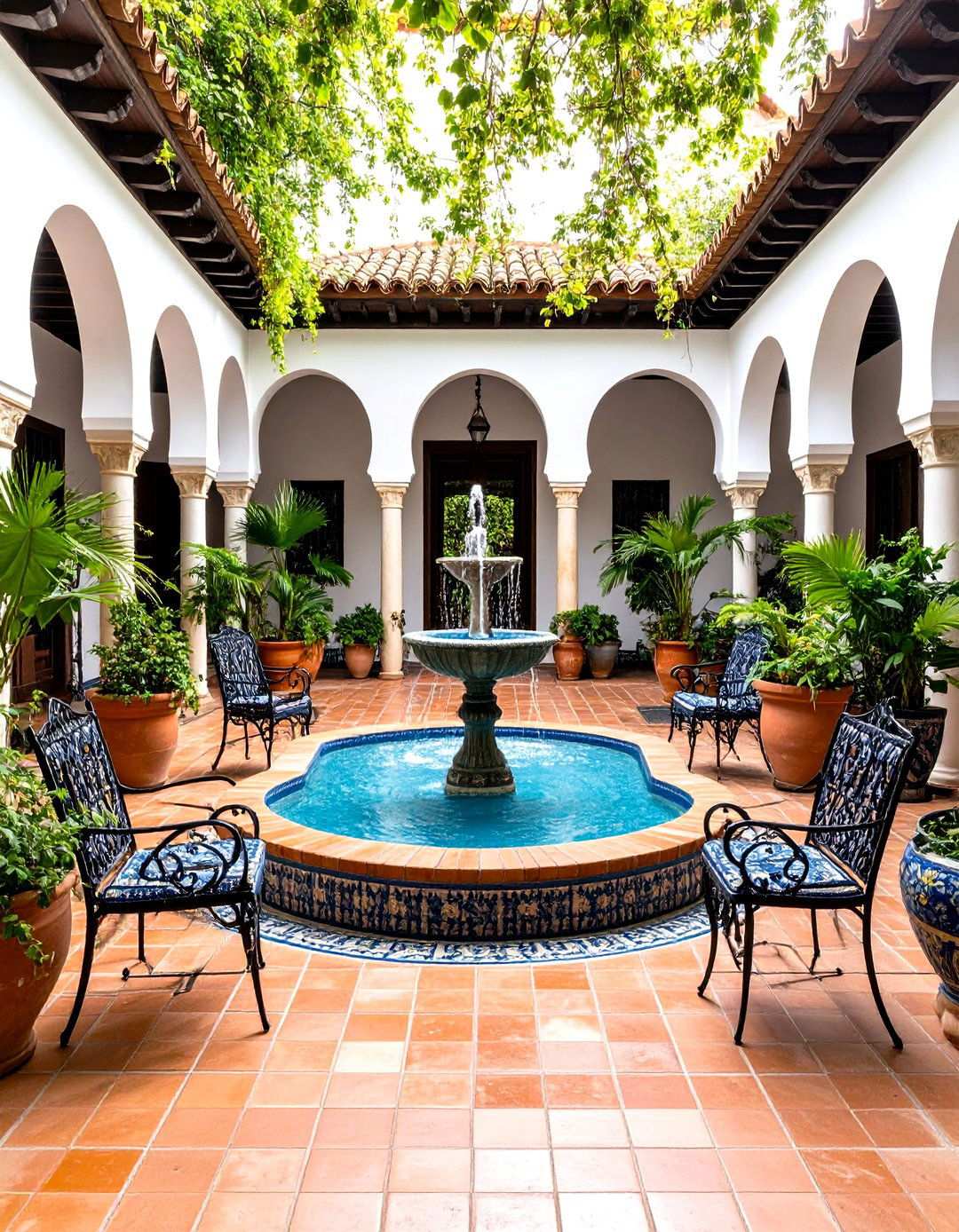 Spanish Outdoor Patio with Fountain Feature - 24 spanish interior design ideas
