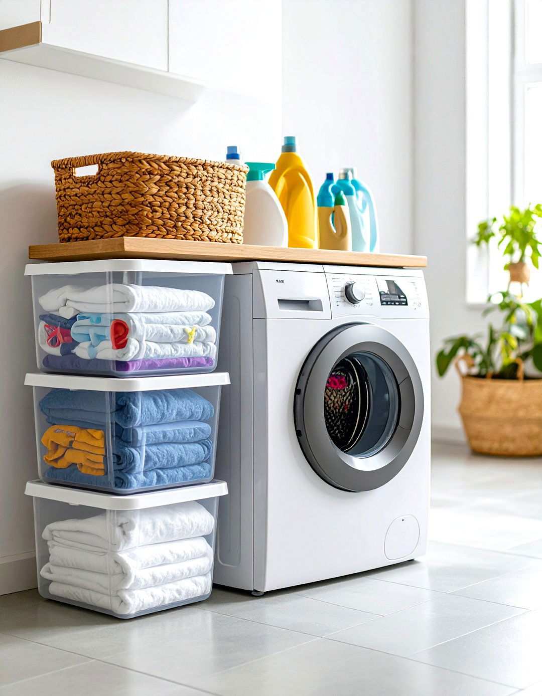 Stackable Storage Bin Organization - 24 Small Laundry Room Ideas With a Top Load Washing Machine