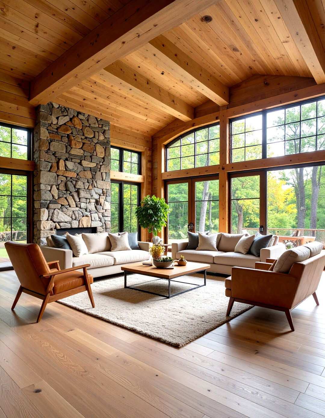 Stacked Stone Feature Wall With Plank Ceiling - 24 Rooms With Fireplaces With Vaulted Ceilings Features