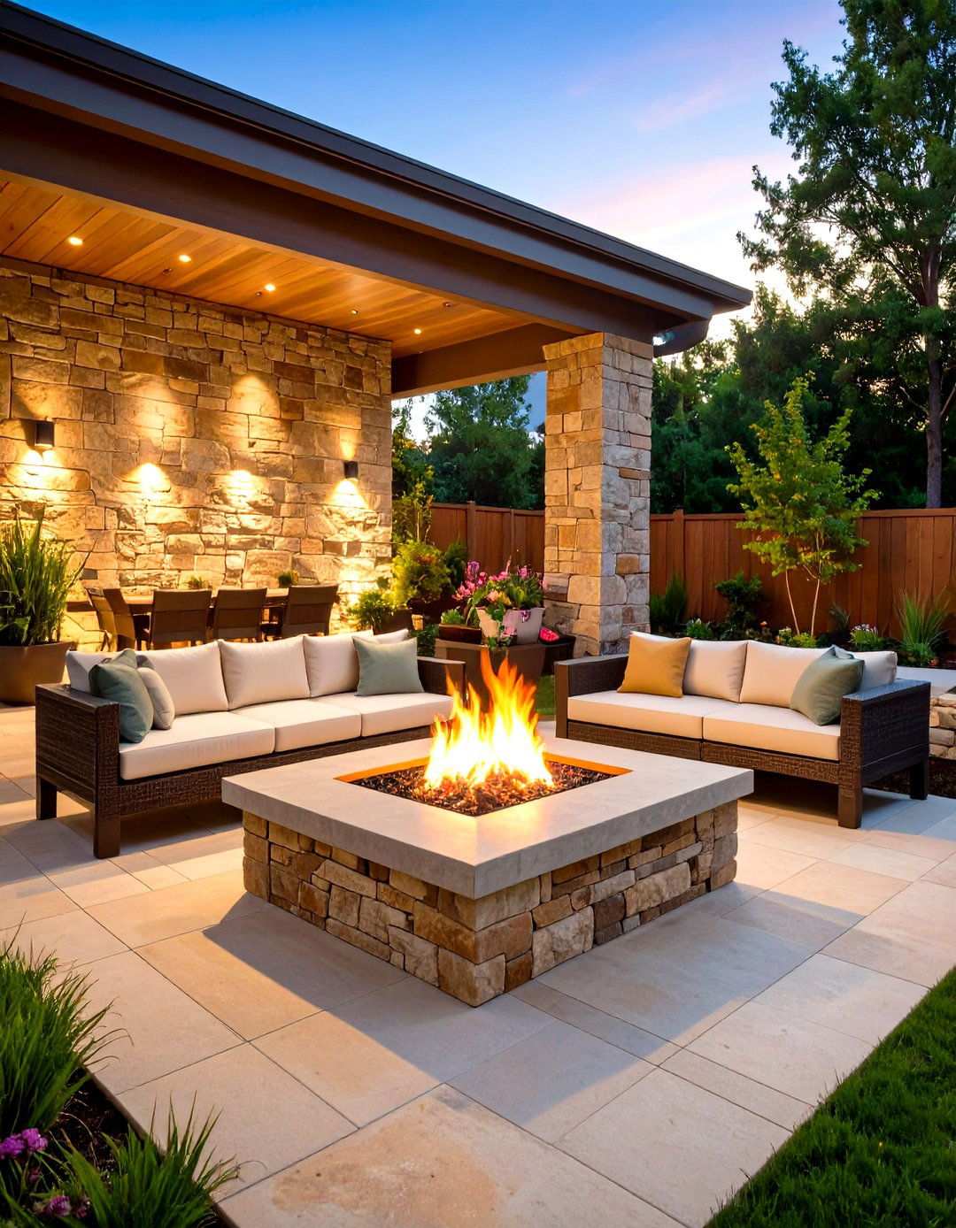 Stacked Stone Patio with Multi level Fire Pit - 24 Stone Patio With a Fire Pit Ideas