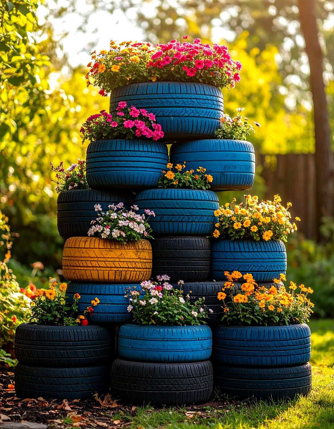 Stacked Tower Planters - 24 Recycled Tyre Garden Art Ideas