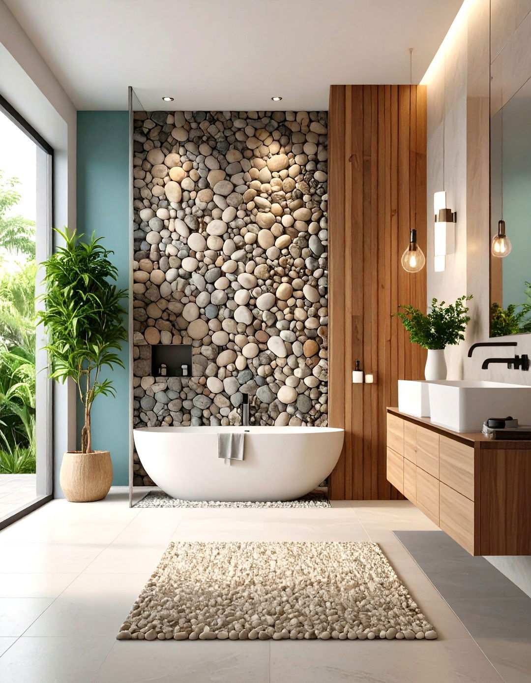 Standing Pebble Feature Wall - 24 Pebble Tile Bathroom Ideas