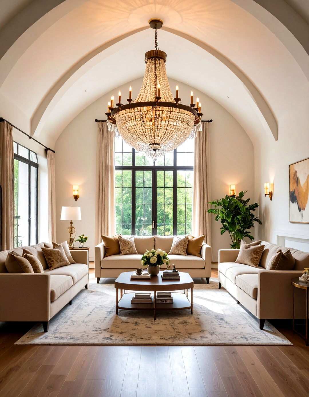 Statement Chandelier Centerpiece Design - 24 Open Concept Vaulted Ceiling Living Room Ideas