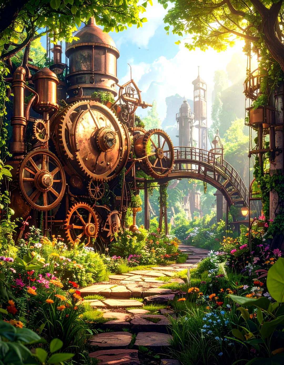Steampunk Fairy Industrial District with Mechanical Gardens - 24 Large Fairy Garden Ideas