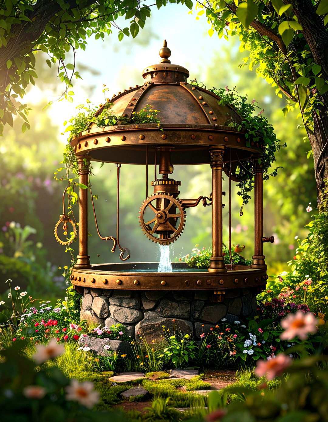 Steampunk Industrial Wishing Well with Copper Pipes - 24 Outdoor Wishing Well Garden Ideas
