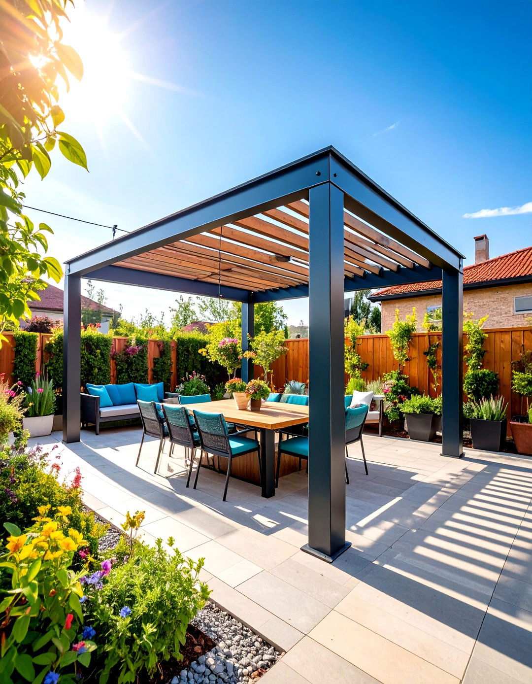 Steel Frame Pergola with Industrial Style - 24 Small Patio Pergola Ideas