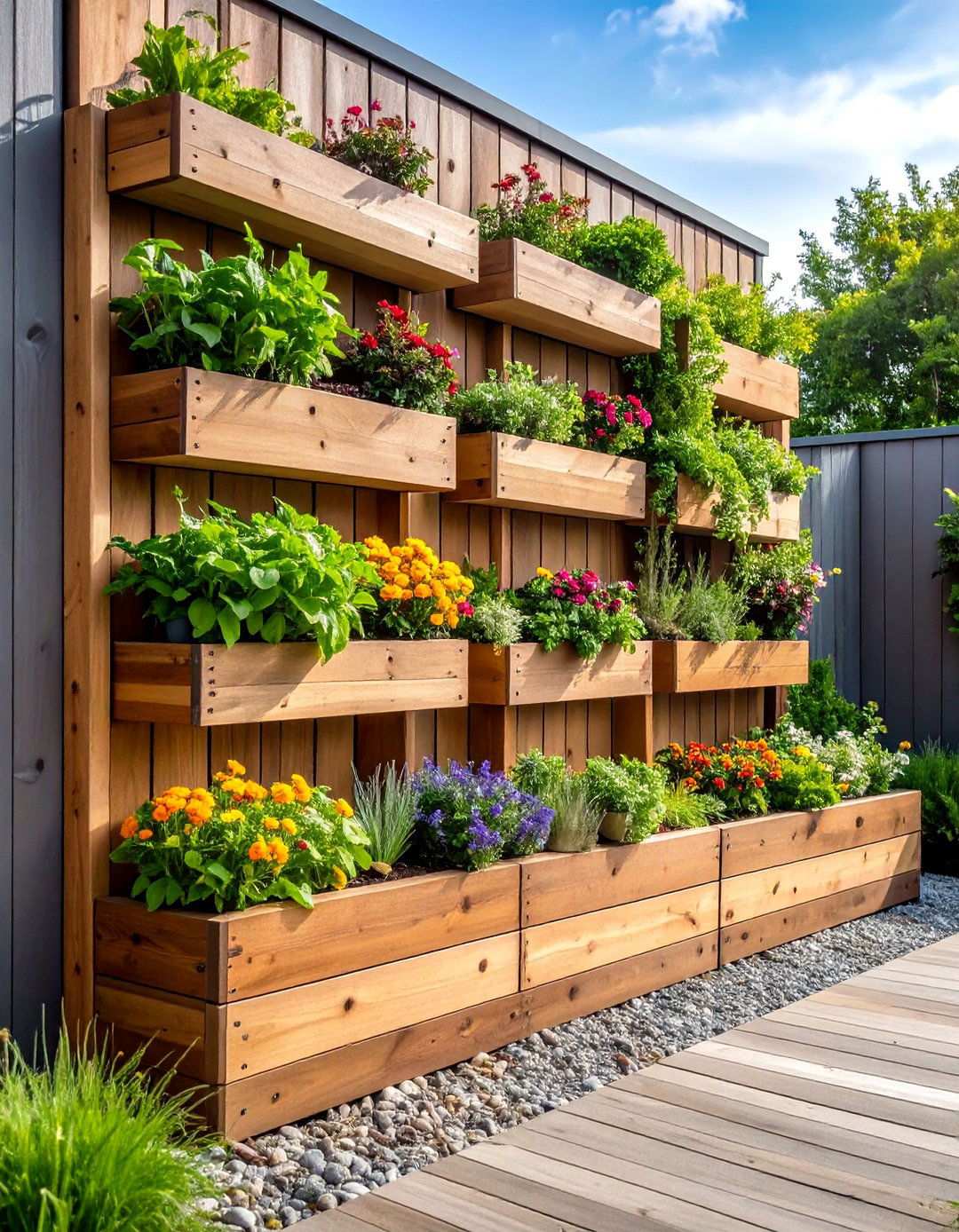 Stepped Wood Retaining Wall with Built in Planters - 24 Wood Retaining Wall Ideas