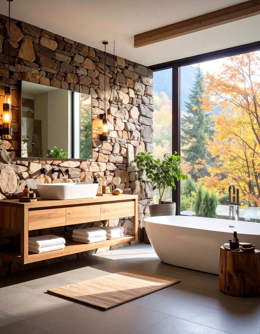 Stone Accent Wall Features - 24 Rustic Bathroom Ideas