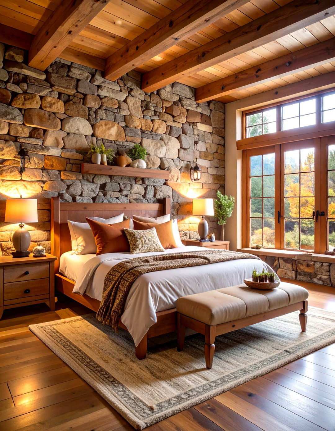 Stone Accent Wall Rustic Retreat - 24 Rustic Bedroom Ideas