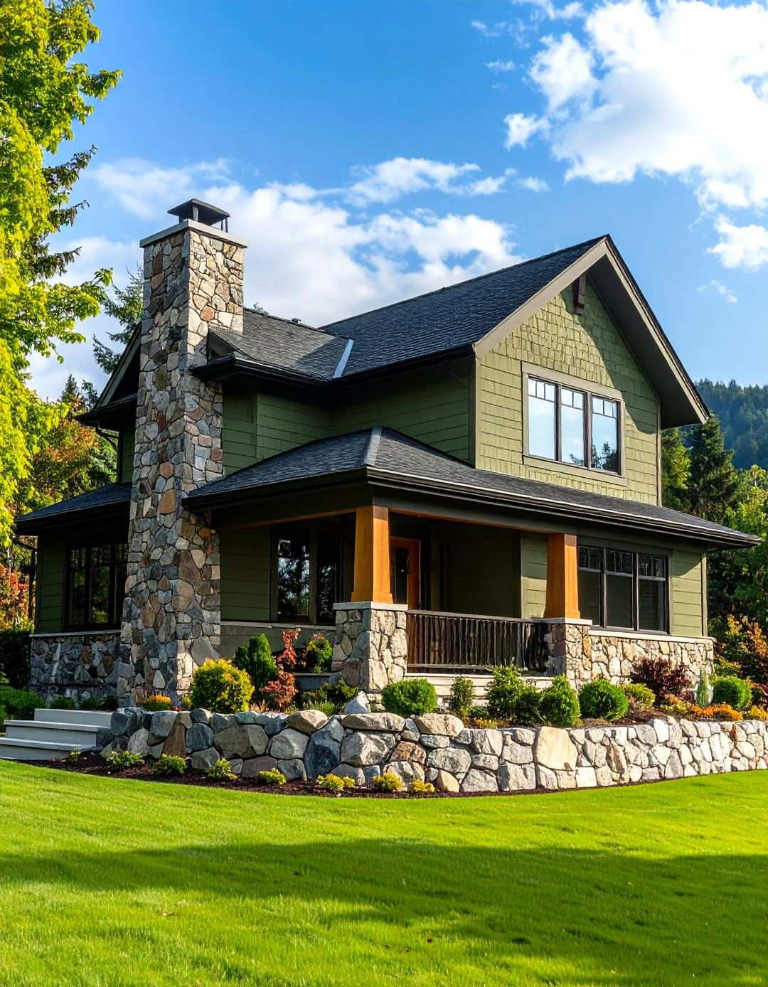 Stone and Olive Green Combination - 24 Olive Green House Exterior Ideas
