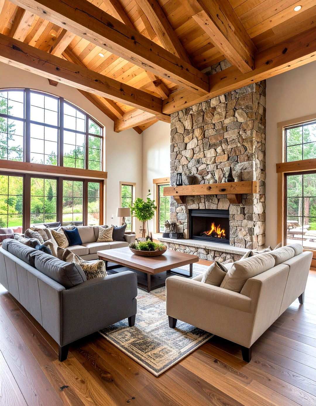 Stone and Timber Great Room - 24 Log Cabin Interior Design Ideas