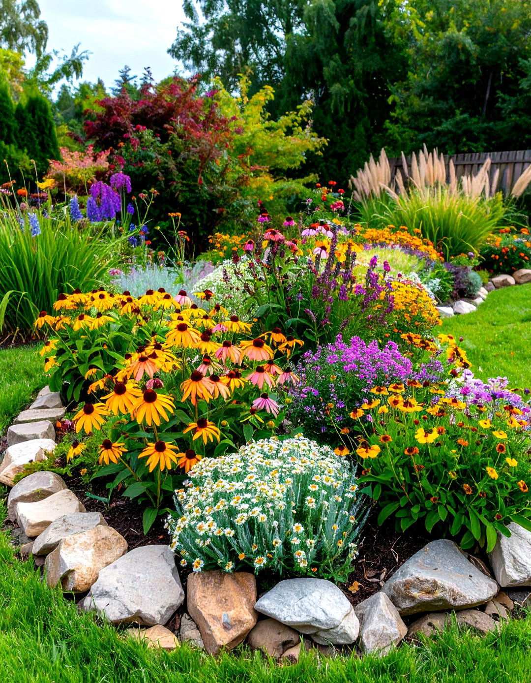 Stone Circle Garden with Perennial Border Display - 24 Round Garden Bed Ideas