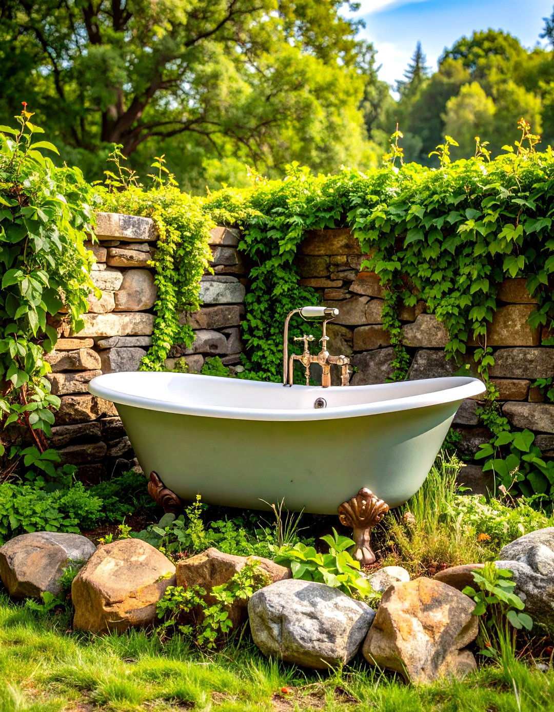 Stone Enclosed Clawfoot Tub Sanctuary - 24 Rustic Outdoor Bathroom Ideas