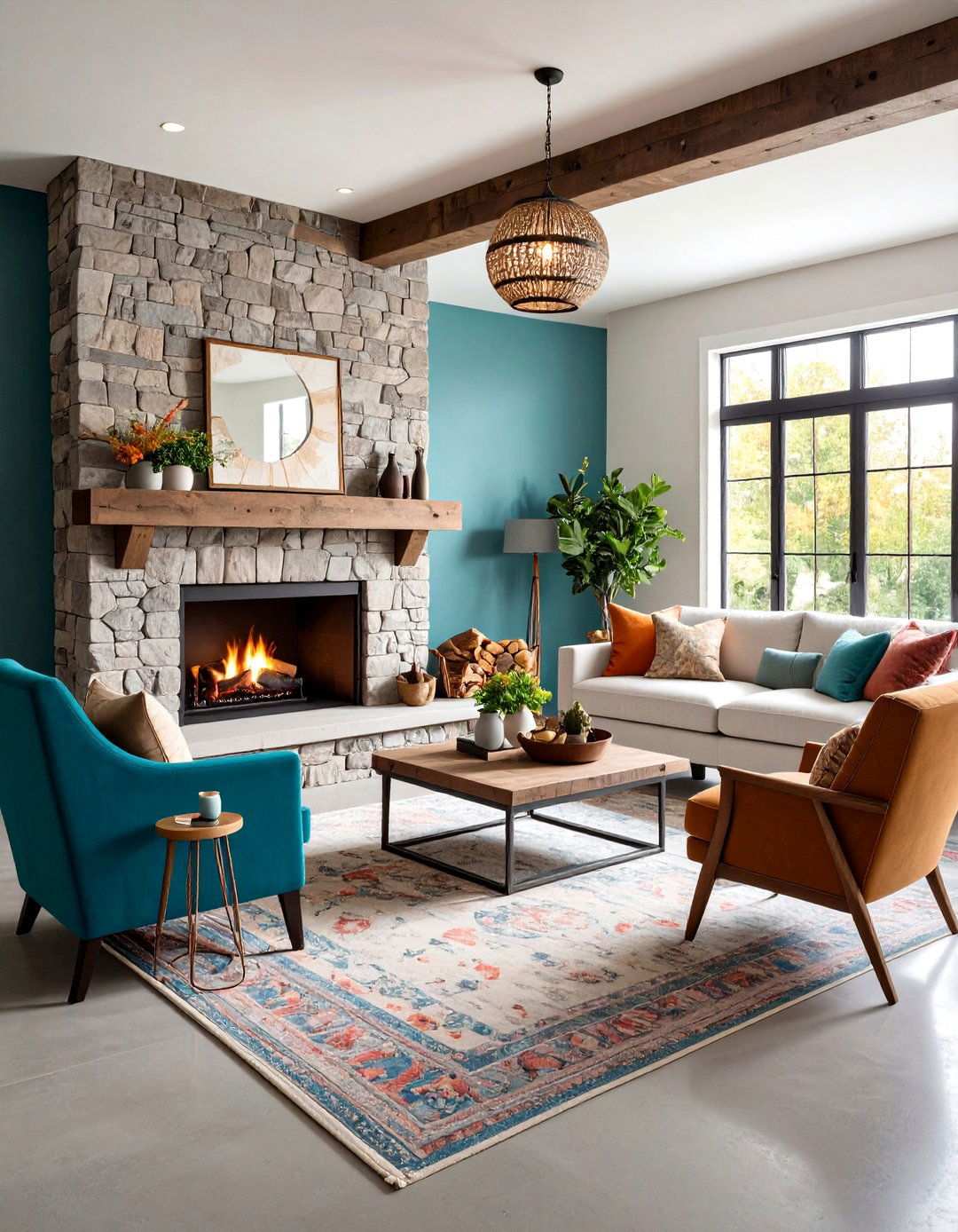 Stone Fireplace Focal Point Design - 24 Rustic Concrete Floor Living Room Ideas