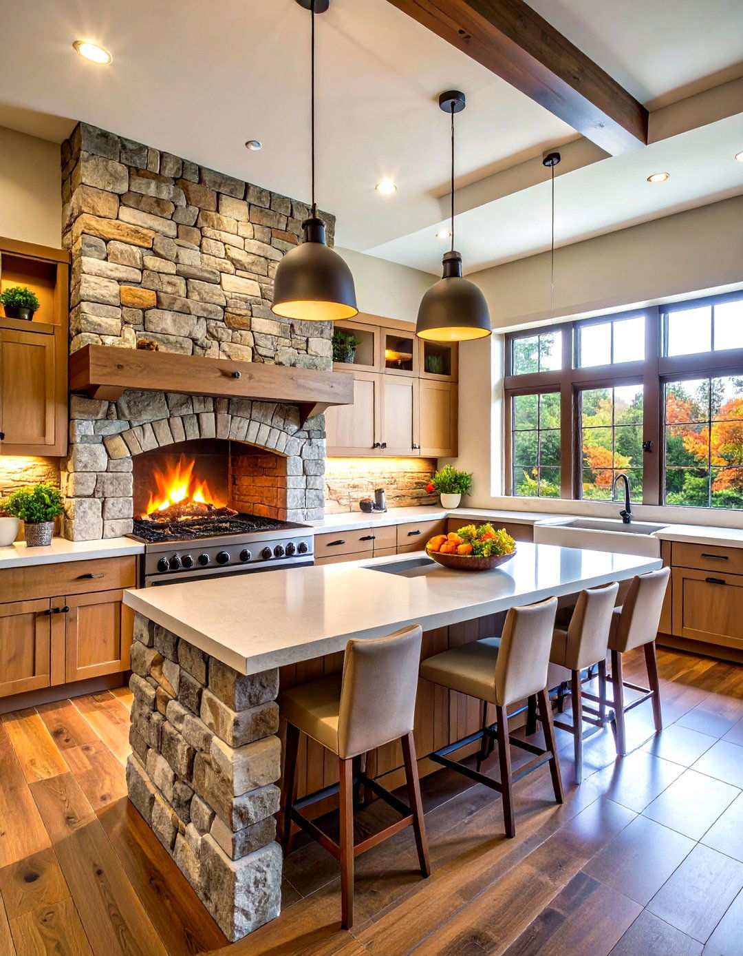 Stone Fireplace Kitchen Design - 24 Mediterranean Kitchen Ideas