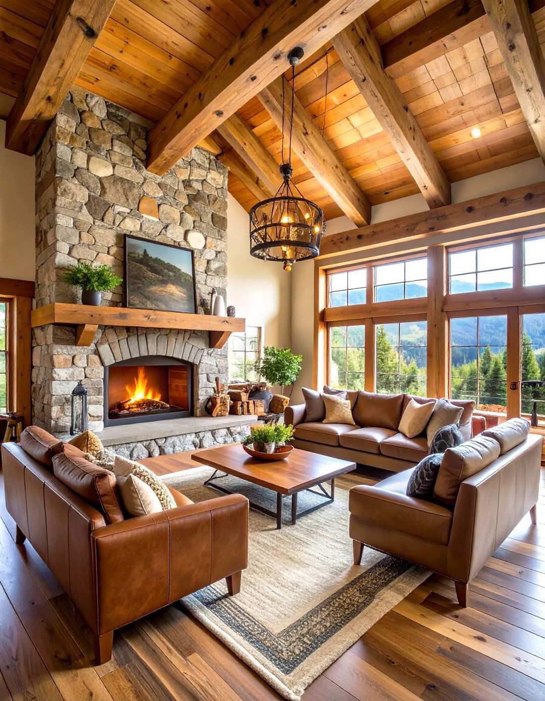Stone Fireplace with Exposed Wood Beams - 24 Rustic Living Room Ideas