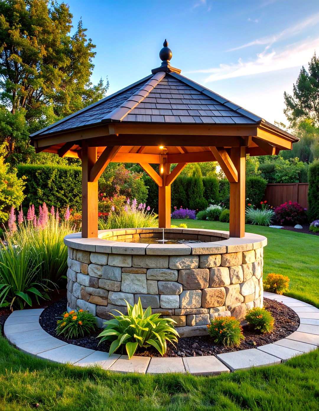 Stone Masonry Wishing Well with Copper Roof Accent - 24 Outdoor Wishing Well Garden Ideas