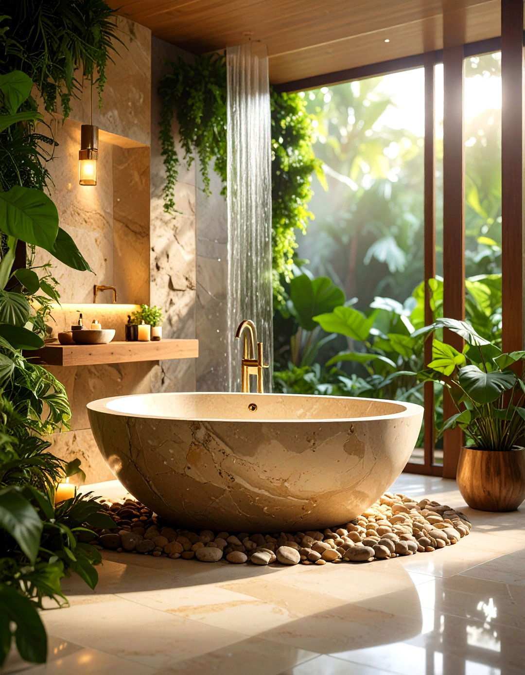 Stone Waterfall Bathtub Experience - 24 Tropical Bathroom Ideas