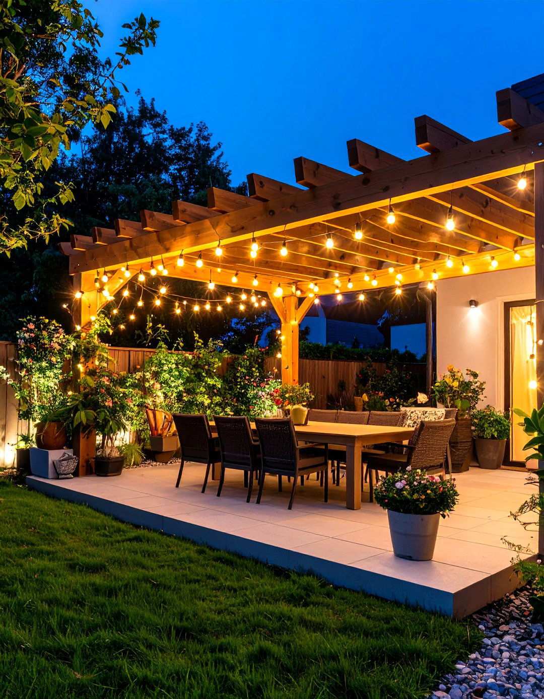 String Lighting Pergola Ambiance - 24 Patio With a Pergola Ideas