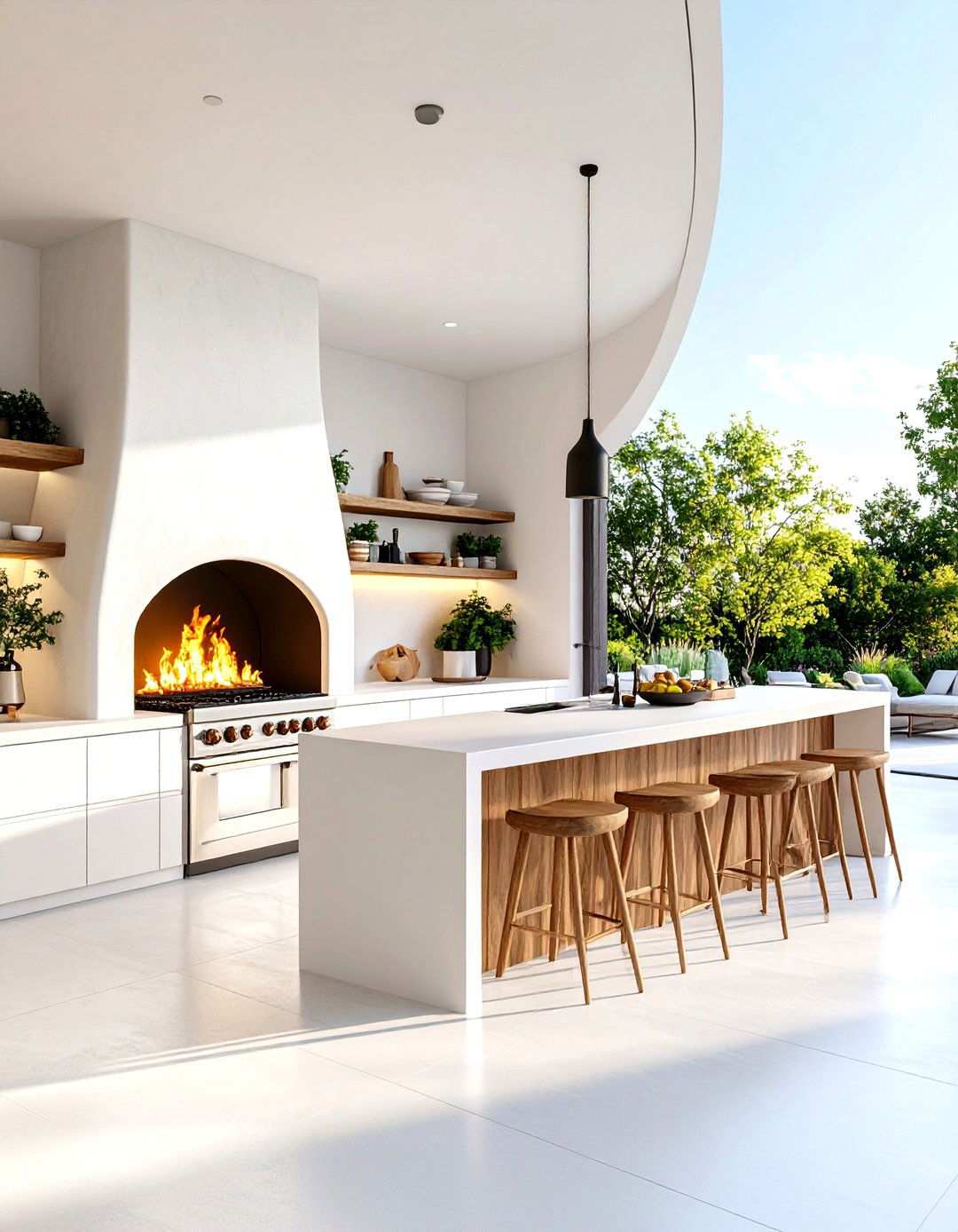 Stucco Kitchen with Curved Fireplace Integration - 24 Stucco Outdoor Kitchen Ideas