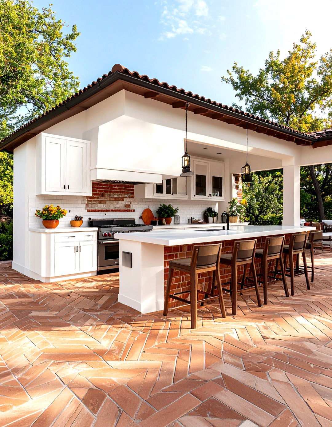 Stucco Kitchen with Herringbone Brick Paver Base - 24 Stucco Outdoor Kitchen Ideas