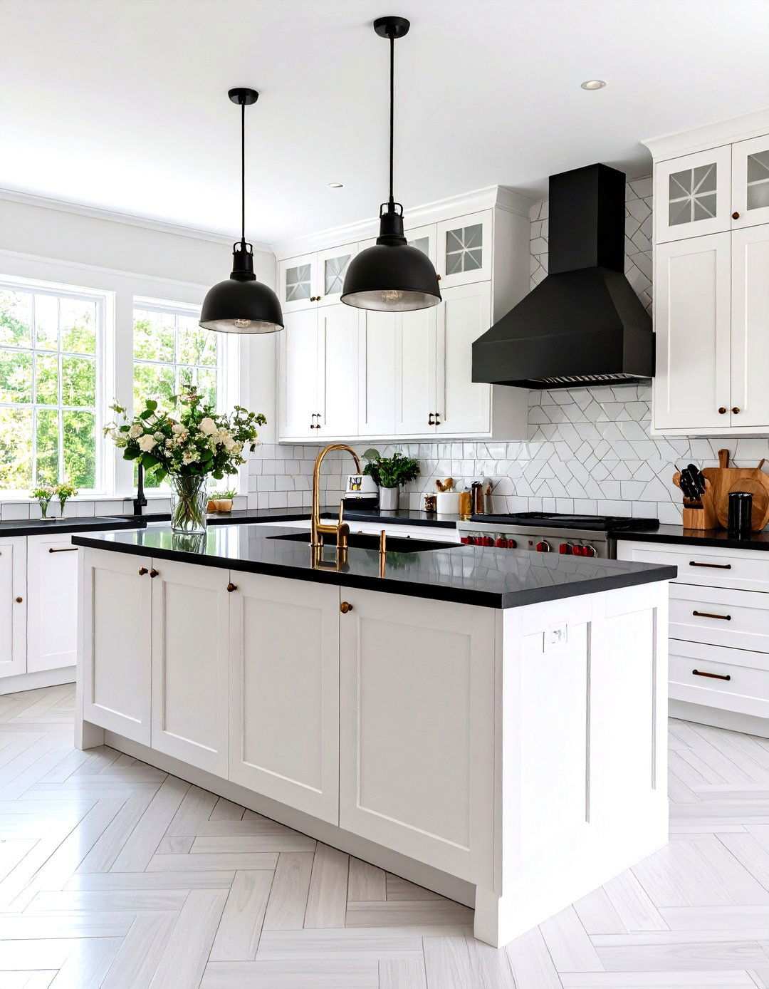 Subway Tile Backsplash Accent - 24 Kitchen With White Cabinets and Black Countertops Ideas