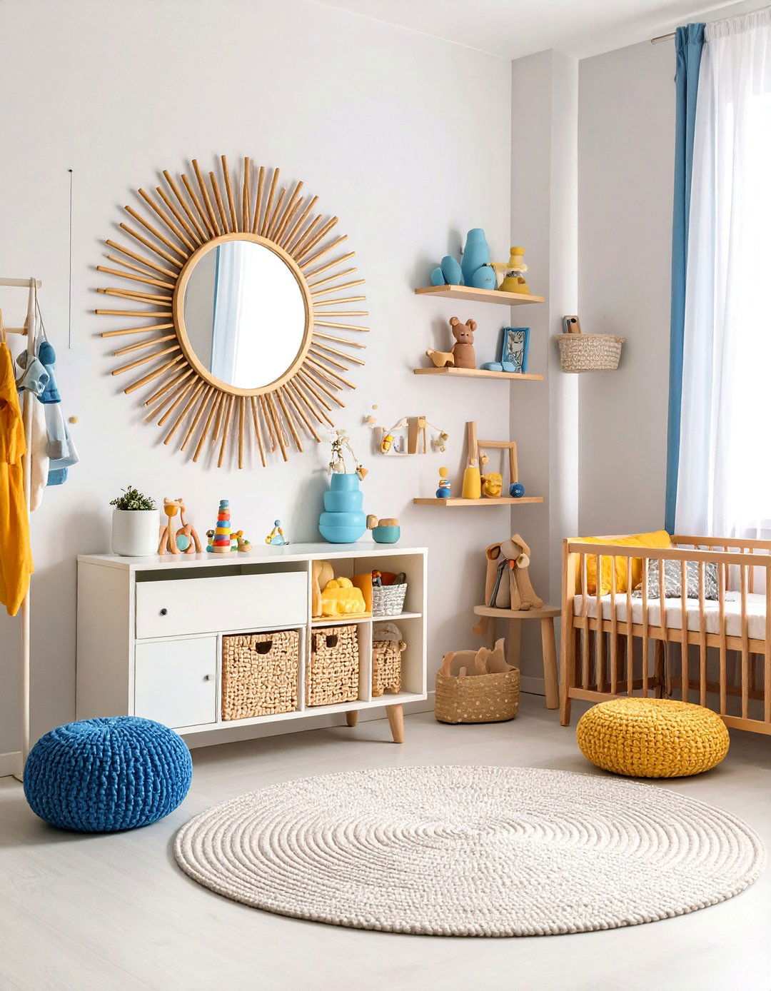 Sunburst Mirror with Floating Shelves - 24 Mid-century Modern Nursery Ideas