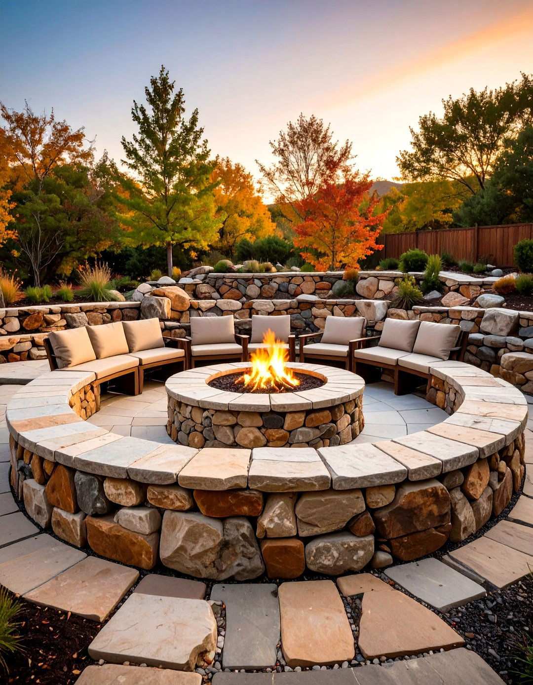 Sunken Fieldstone Fire Pit Amphitheater - 24 Stone Fire Pit Ideas