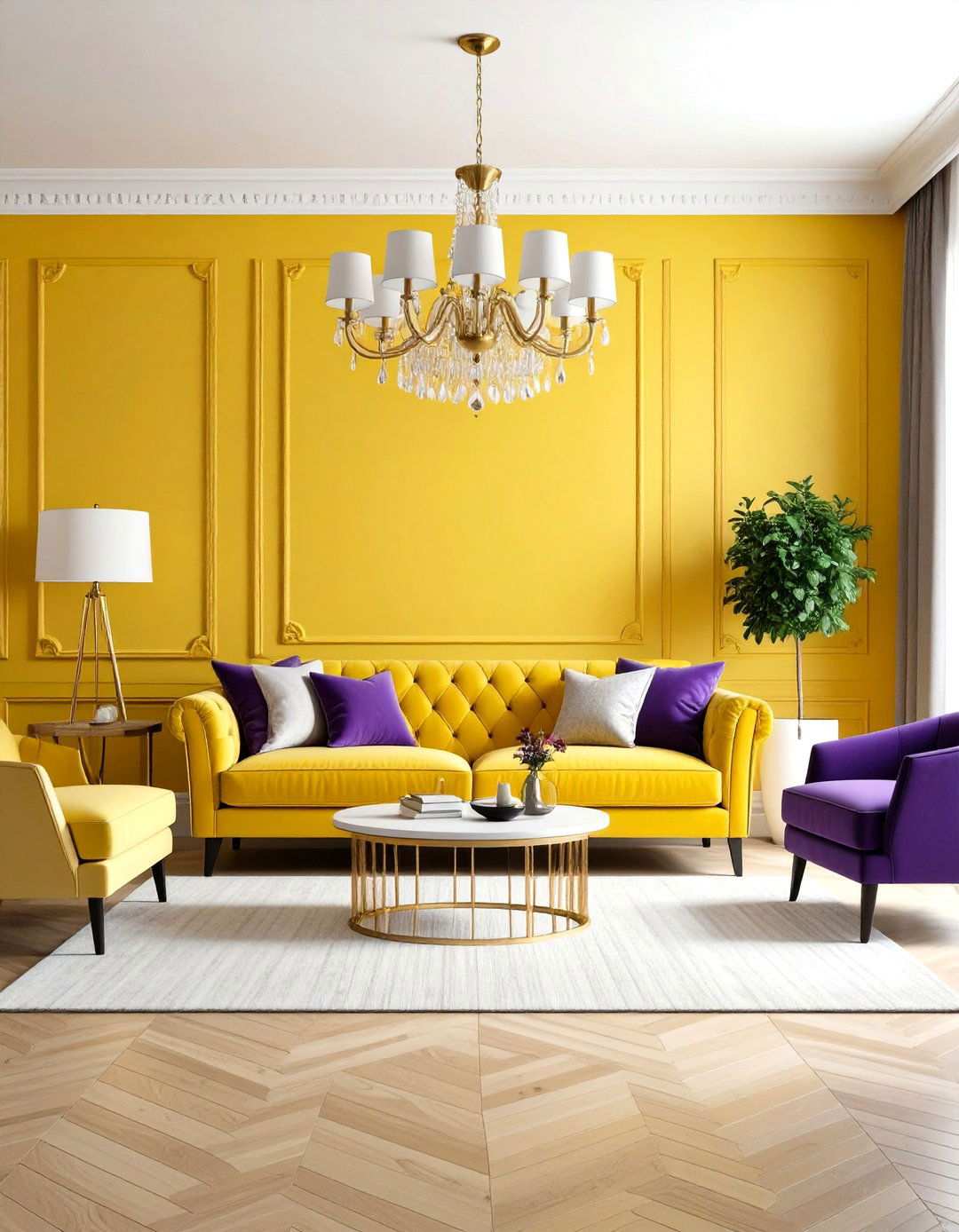 Sunshine Yellow and Purple Living Room - 24 Yellow Living Room Ideas