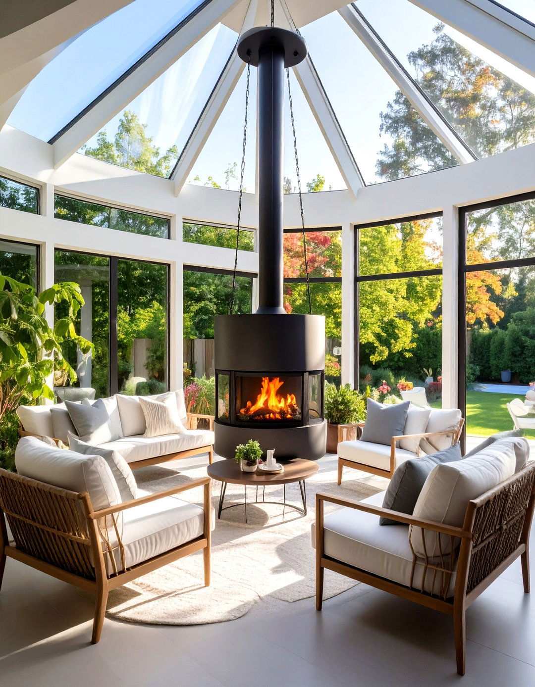 Suspended Fireplace Design - 24 Sunroom With Fireplace Ideas