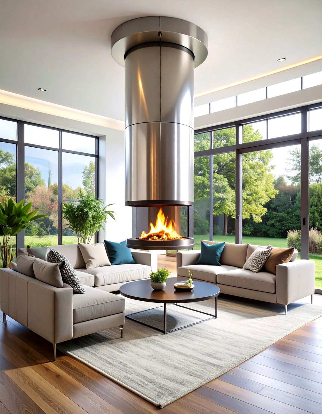 Suspended Hanging Fireplace with Minimalist Design - 24 Modern Fireplace Ideas
