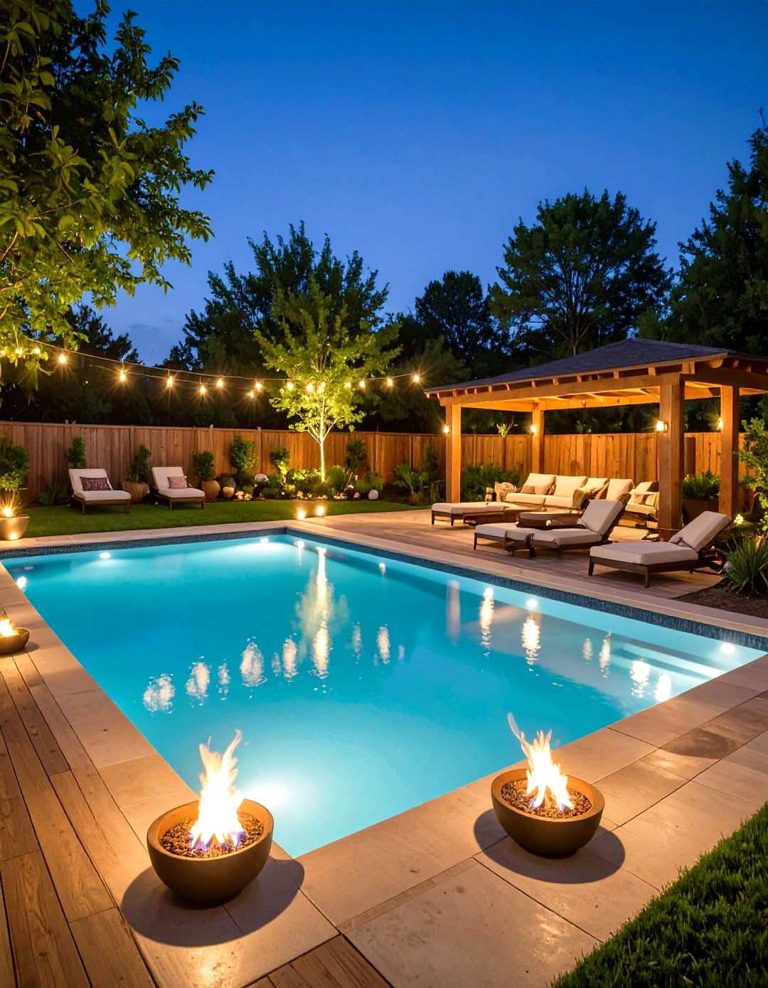 Swimming Pool with Fire Features and Night Lighting - 24 Swimming Pool Ideas