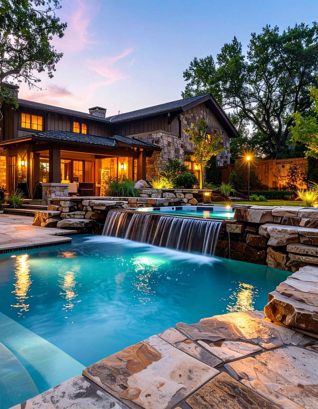 Swimming Pool with Integrated Spa and Waterfall - 24 Swimming Pool Ideas