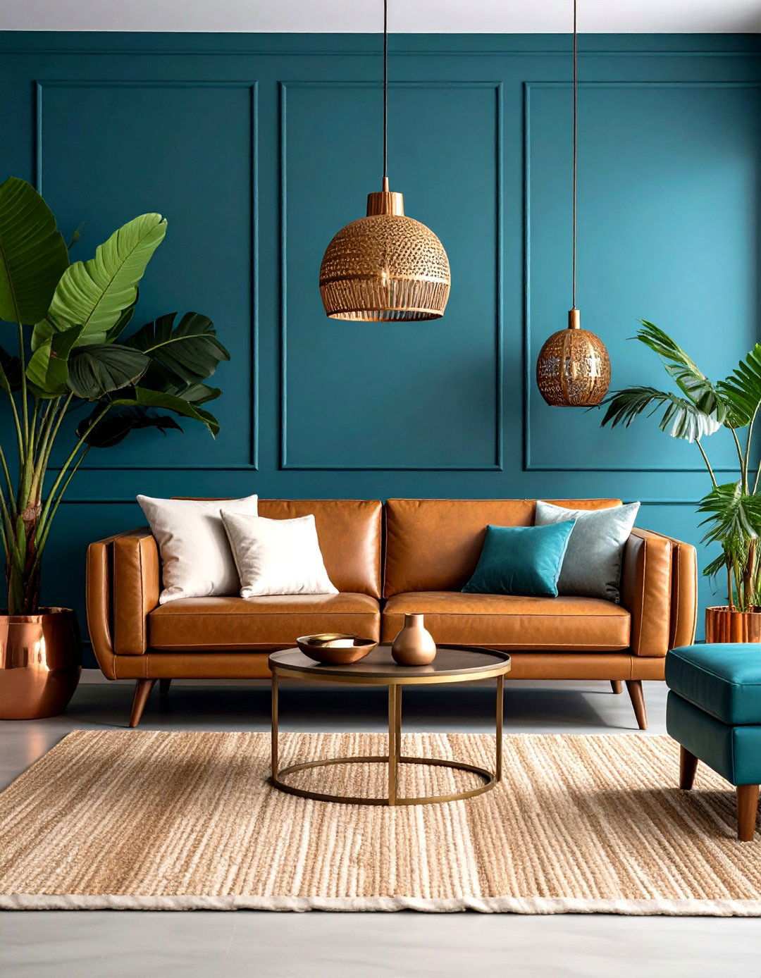 Teal Blue Living Room with Copper Metallic Details - 24 Moody Living Room Ideas