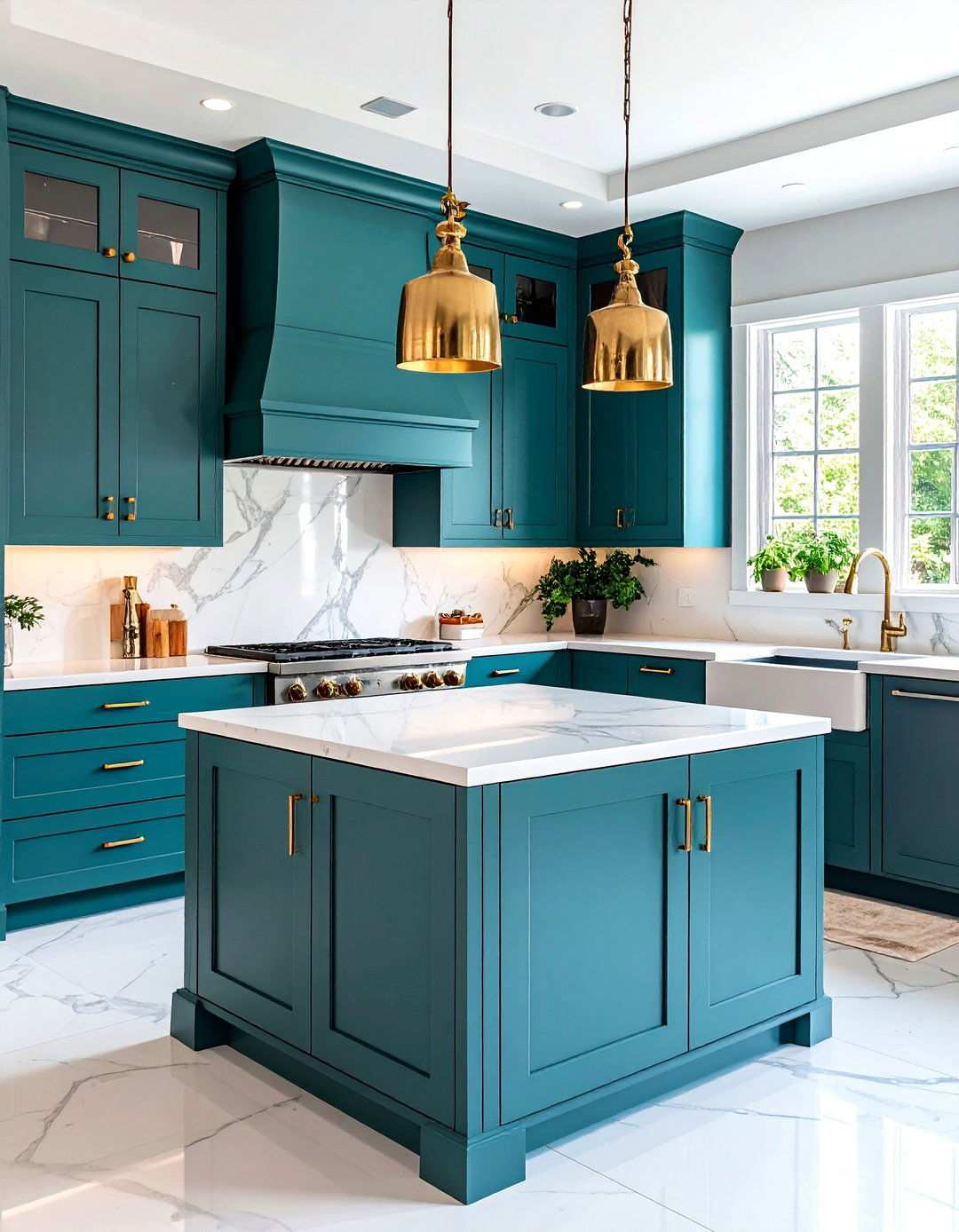 Teal Blue Transitional Cabinets with Mixed Metals - 24 Light Blue Kitchen Cabinets Ideas