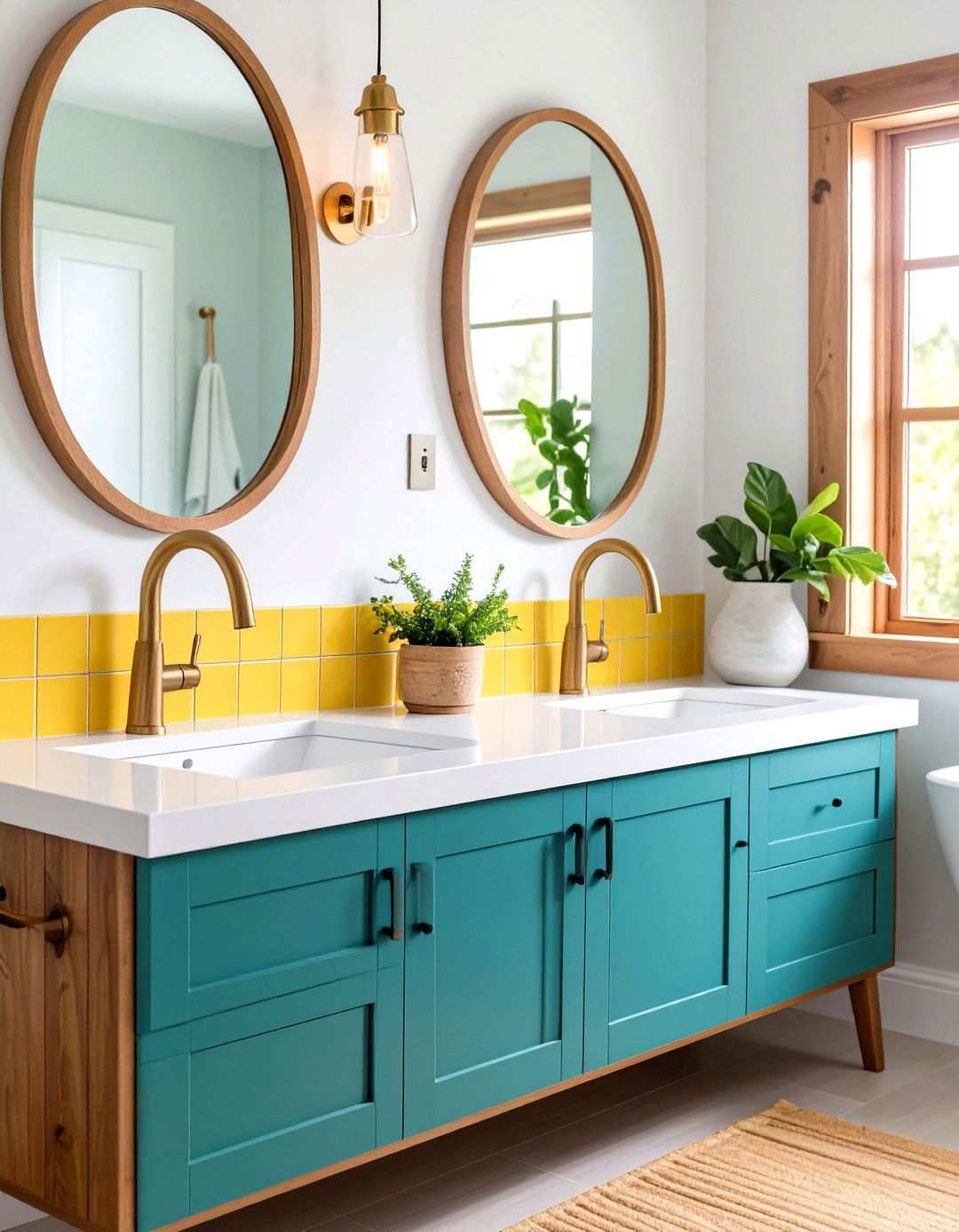 Teal Green Faucets with Lemon Yellow Backsplash Tiles - 24 Yellow and Green Bathroom Ideas