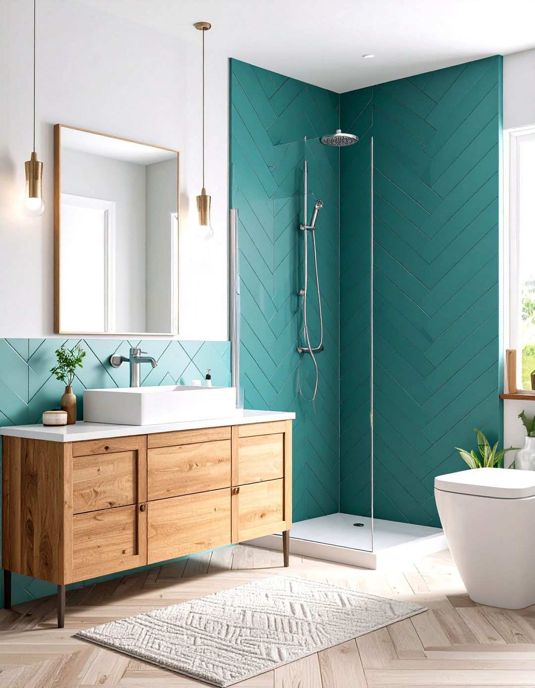 Teal Green Geometric Tiles - 24 Small Green Bathroom Ideas