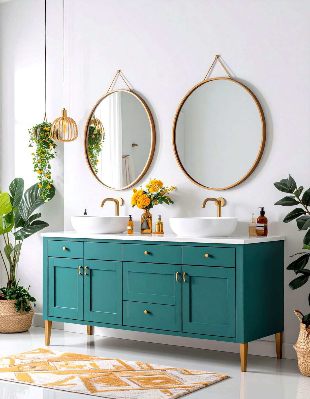 Teal Green Vanity with Marigold Yellow Wall Art - 24 Yellow and Green Bathroom Ideas