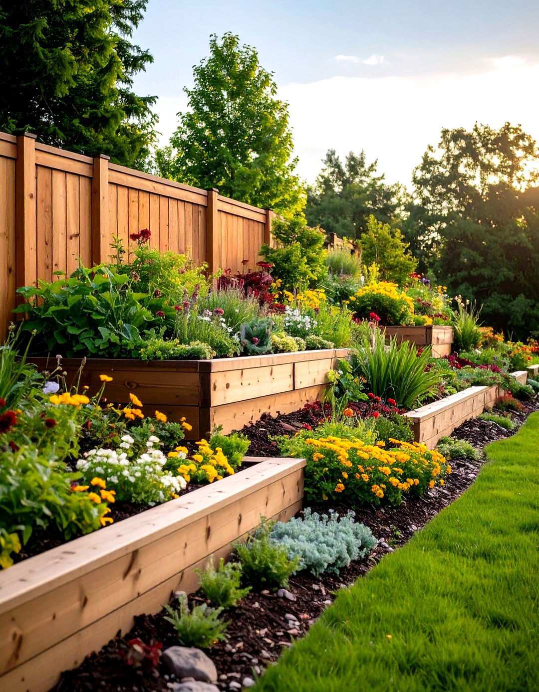 Terraced Wood Retaining Wall System with Multiple Levels - 24 Wood Retaining Wall Ideas