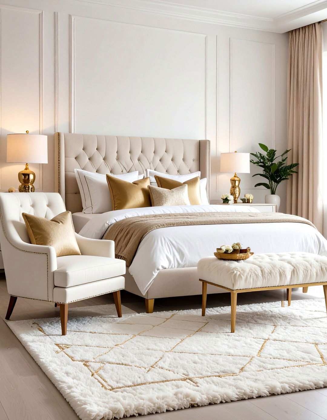 Textural White Bedroom with Gold Fabric Accents - 24 White and Gold Bedroom Ideas