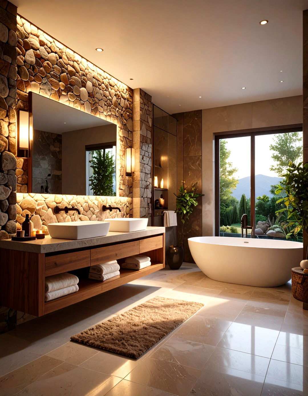 Textured Stone Mosaic Feature Wall - 24 Zen Bathroom Ideas